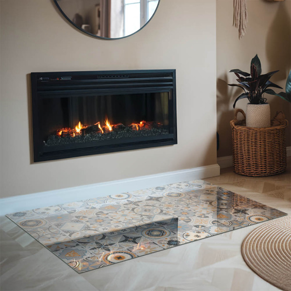 Rectangular glass hearth for log burner Mosaic patterns in tiles