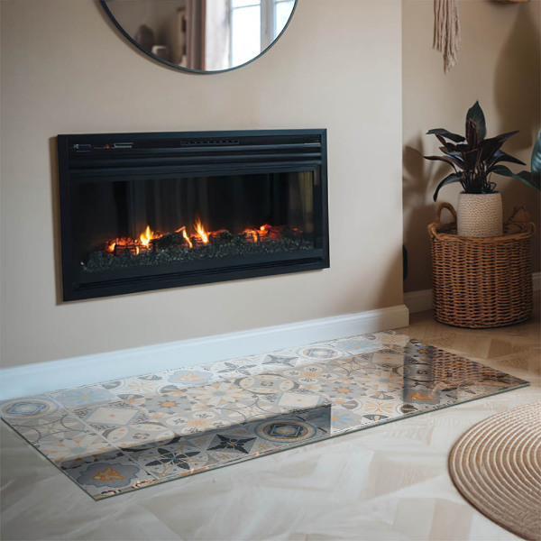 Rectangular glass hearth for log burner Mosaic patterns in tiles