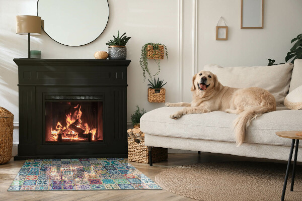 Rectangular glass hearth for log burner Mosaic patterns on tiles