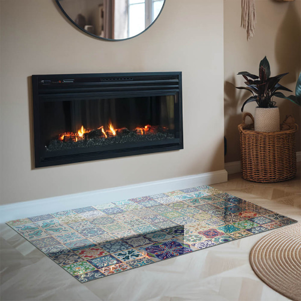 Rectangular glass hearth for log burner Mosaic patterns on tiles
