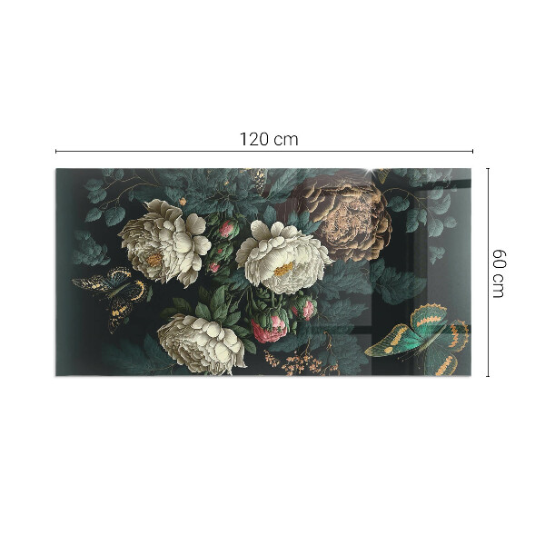 Rectangular glass hearth Floral pattern with butterflies