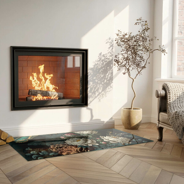 Rectangular glass hearth Floral pattern with butterflies