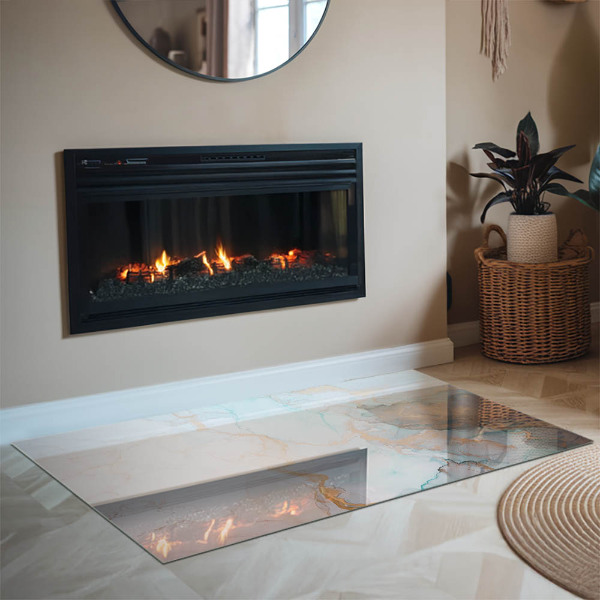 Rectangular glass hearth for log burner Abstract fluid pattern