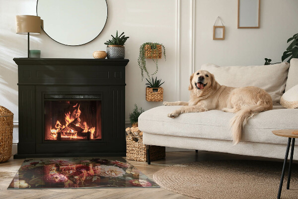 Rectangular glass hearth for log burner Flower bouquet in detail