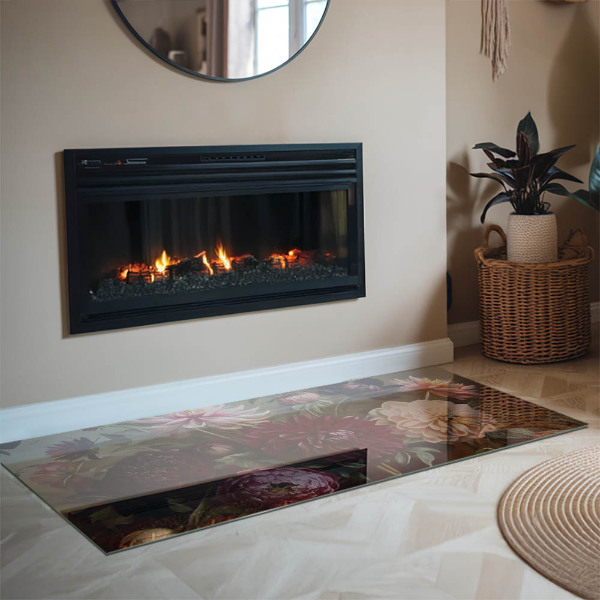Rectangular glass hearth for log burner Flower bouquet in detail