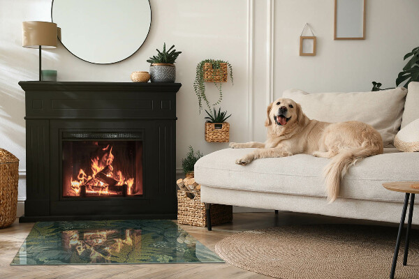 Rectangular glass hearth for wood stove Plant motifs with butterflies