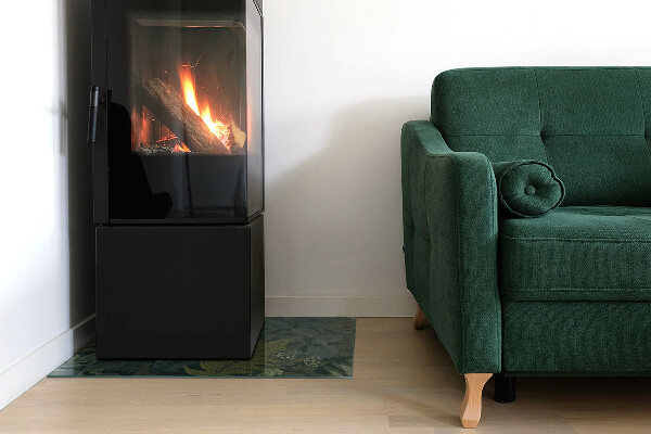 Rectangular glass hearth for wood stove Plant motifs with butterflies