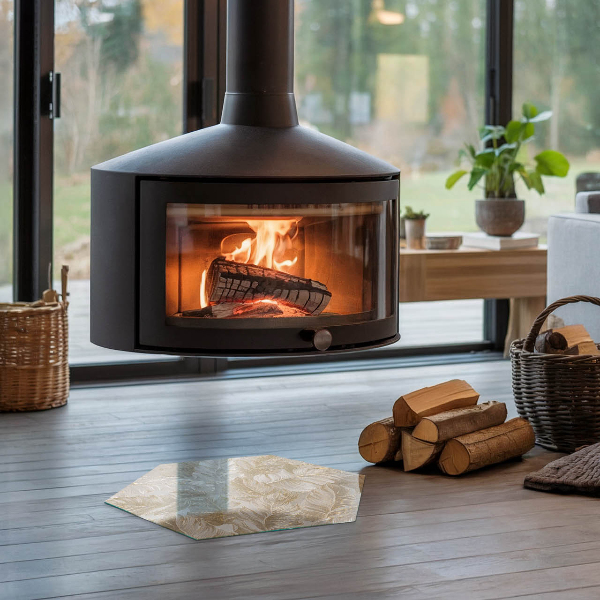 Hexagonal corner glass hearth Leaves in subtle patterns