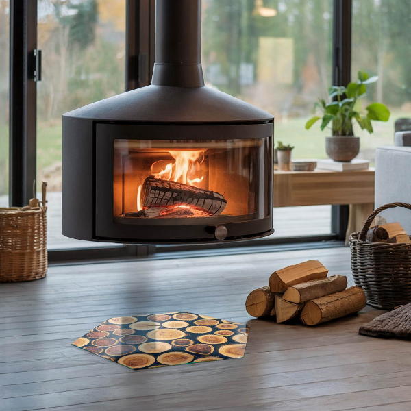 Hexagonal glass hearth for stove Box with cut wood