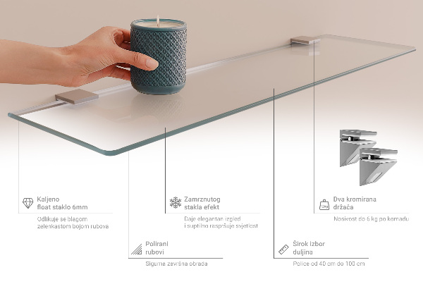 Translucent rectangular glass mirror shelf measuring 100x13 cm