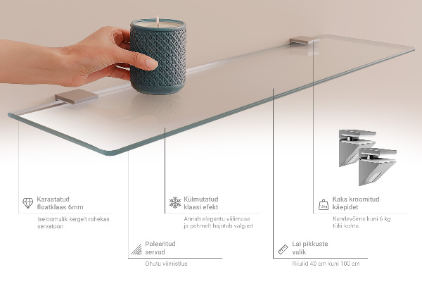 Translucent tempered glass bathroom shelf measuring 27 by 5 inches