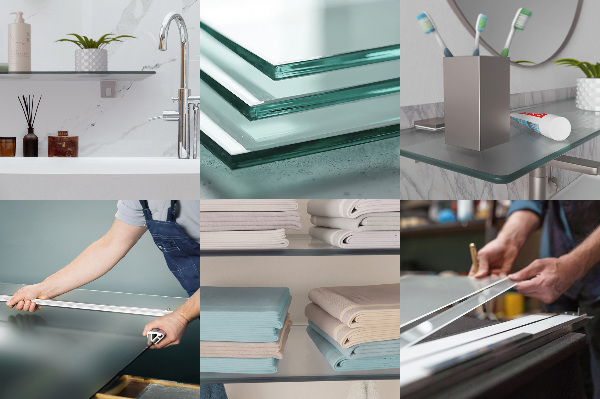 Translucent floating shelf for mirror measuring 31 by 5 inches