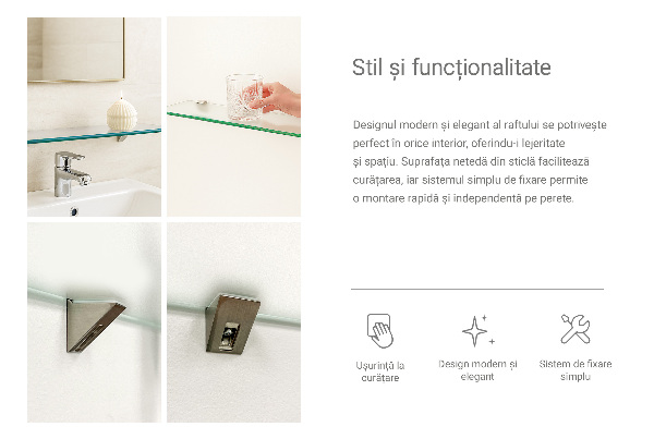 Translucent floating shelf for mirror measuring 31 by 5 inches