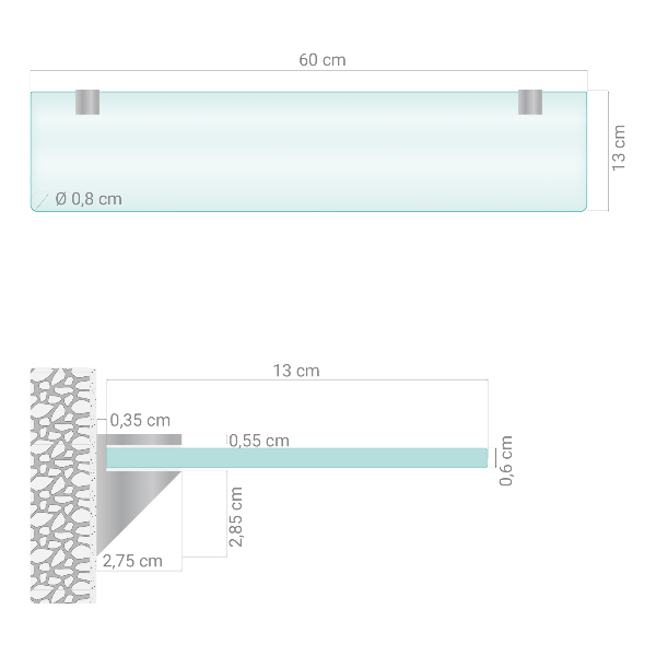 Translucent rectangular glass mirror shelf measuring 23x5 inches or 60x13 cm