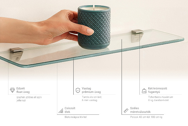 Glass bathroom shelf 15x5 in (40x13 cm)