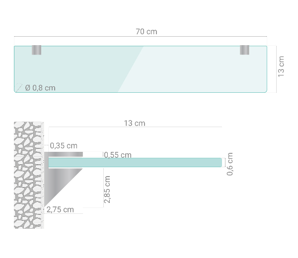 Glass bathroom shelf 70x13 cm