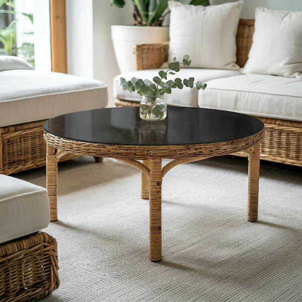 Round glass table top with print Smooth black style