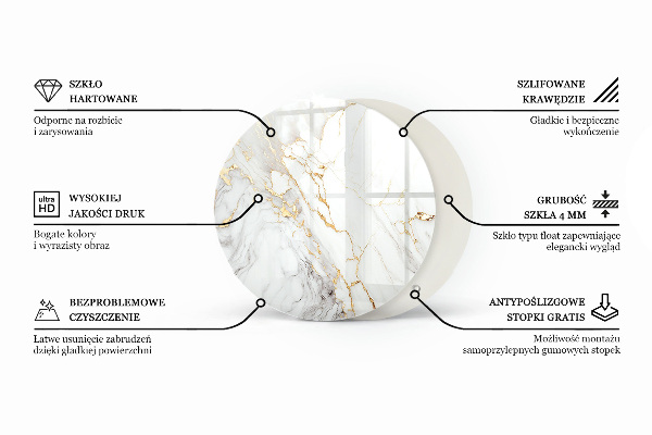 Round glass table top with print Veined marble pattern