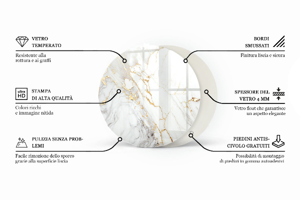 Round glass table top with print Marble texture motif