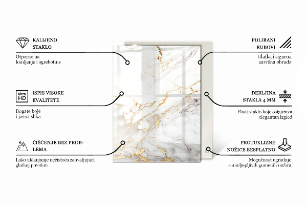 Rectangular glass table top with print Veined marble pattern
