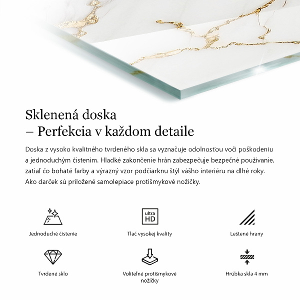 Rectangular glass table top with print Veined marble pattern