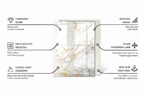 Rectangular glass table top with print Veined marble pattern