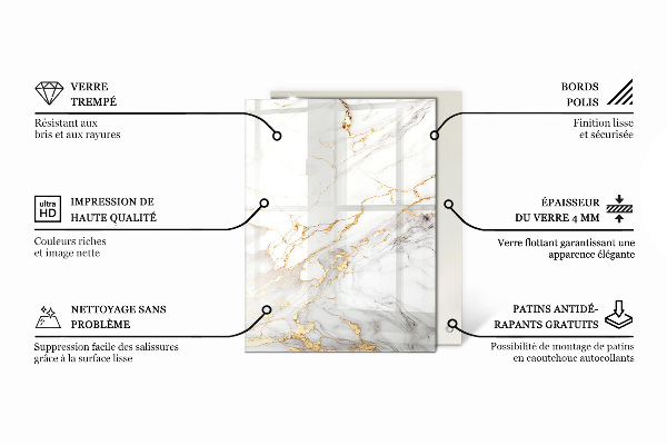 Rectangular glass table top Marble-inspired pattern