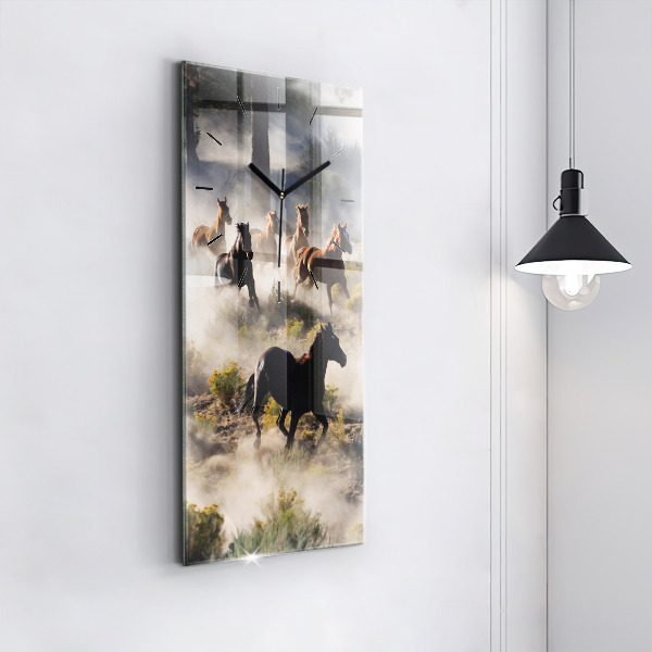 Vertical wall clock A herd of rushing horses