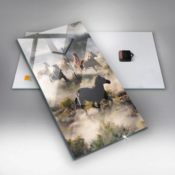 Vertical wall clock A herd of rushing horses