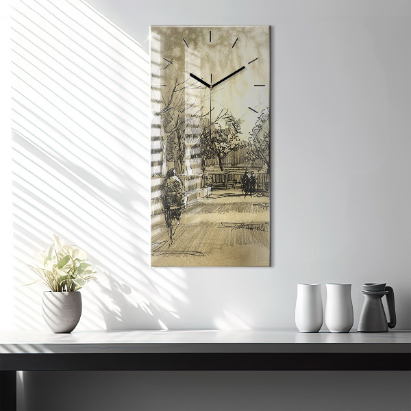 Vertical wall clock Park and trees in sepia