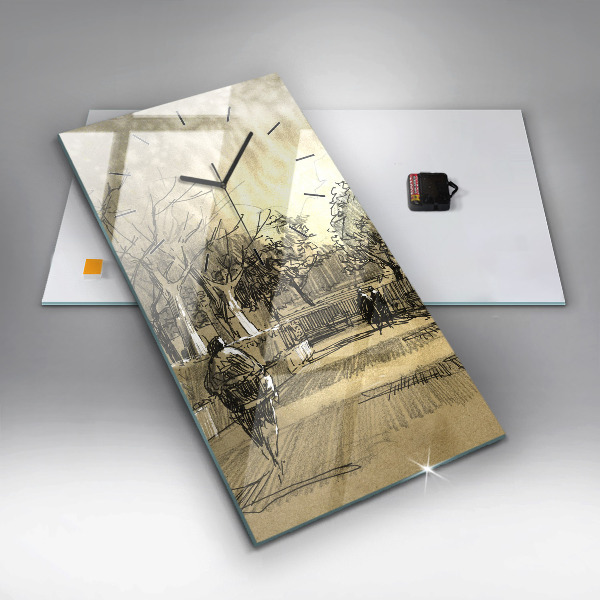 Vertical wall clock Park and trees in sepia