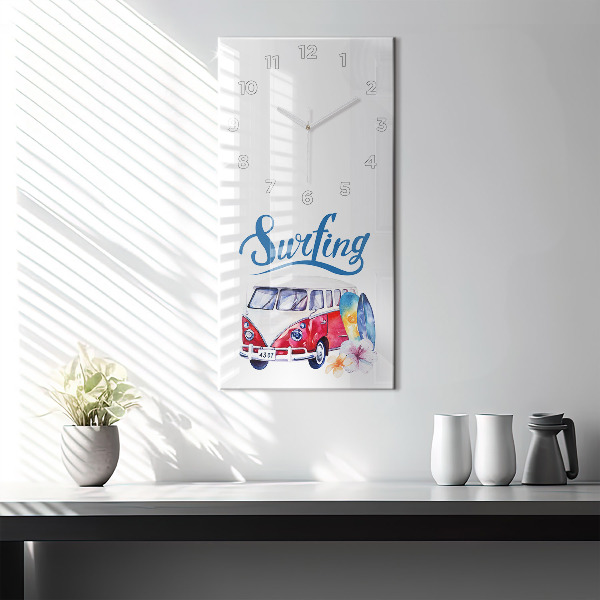 Vertical wall clock Car and Surfing sign