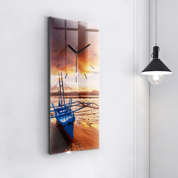 Vertical wall clock Boat and sunset