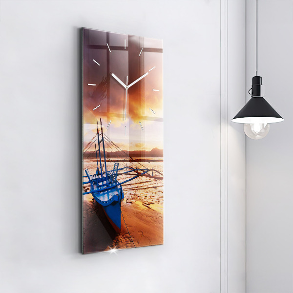 Vertical wall clock Boat and sunset
