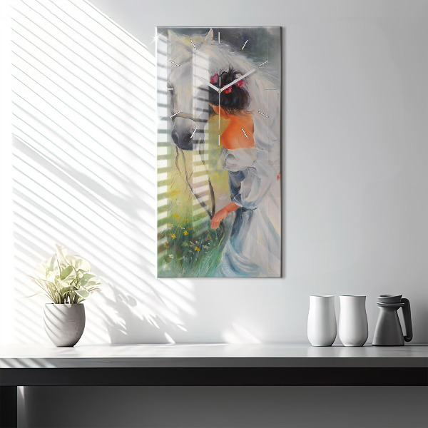Vertical wall clock Beautiful woman with a horse