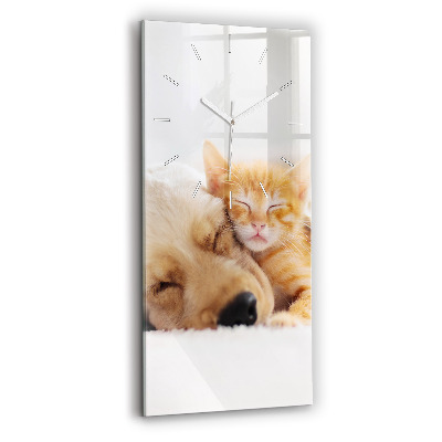 Vertical wall clock Sleeping cat and dog