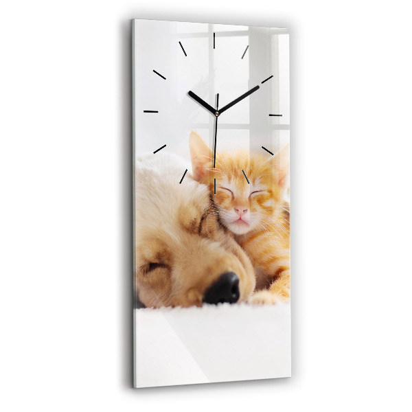 Vertical wall clock Sleeping cat and dog