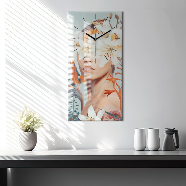 Vertical wall clock Woman with flowers