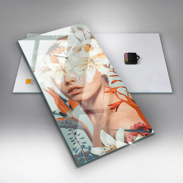 Vertical wall clock Woman with flowers