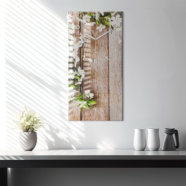 Vertical wall clock Flowers on wood