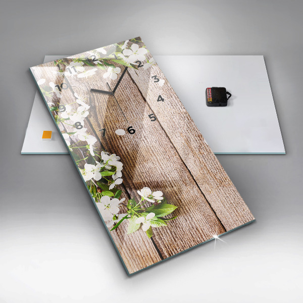 Vertical wall clock Flowers on wood