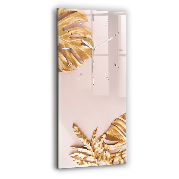Vertical wall clock Golden tropical leaves