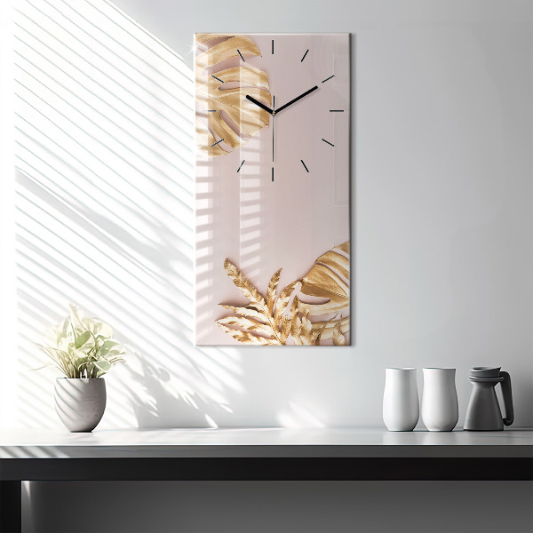 Vertical wall clock Golden tropical leaves