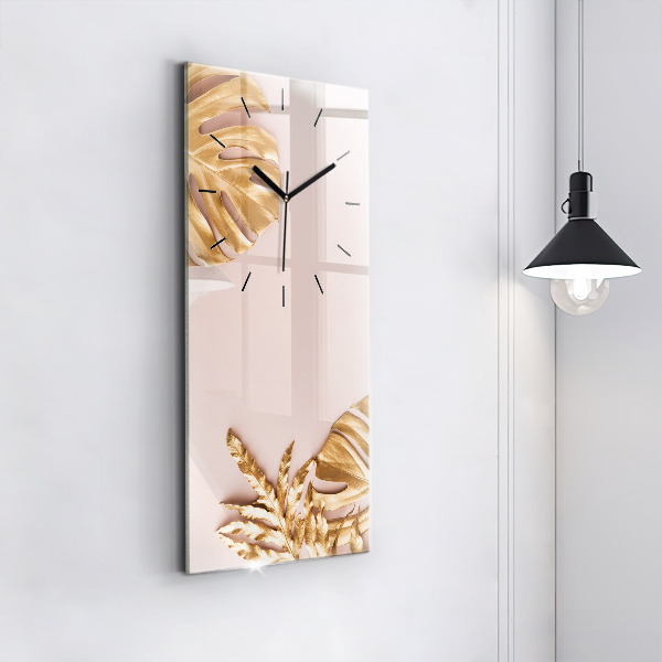 Vertical wall clock Golden tropical leaves