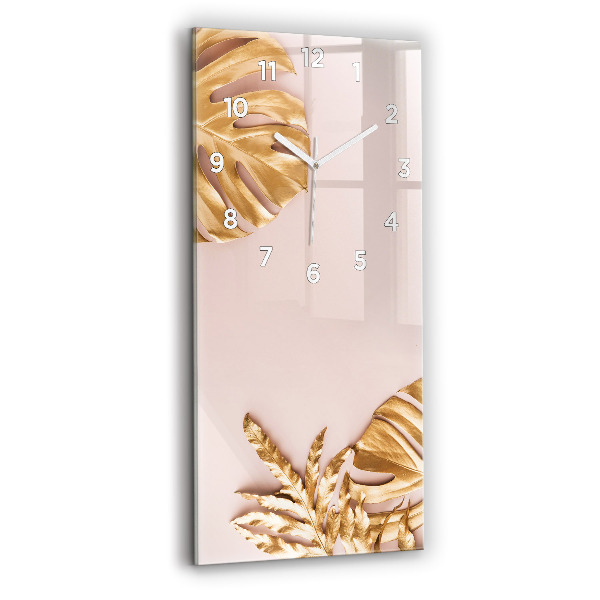 Vertical wall clock Golden tropical leaves