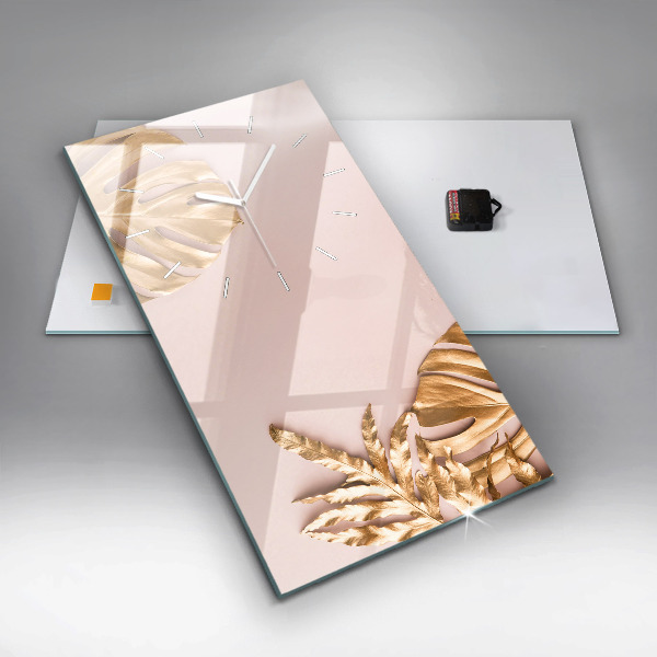 Vertical wall clock Golden tropical leaves