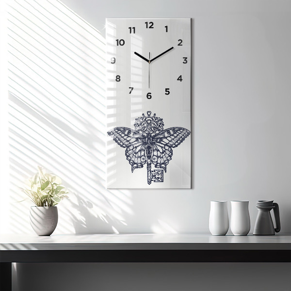 Vertical wall clock Butterfly and key - boho style