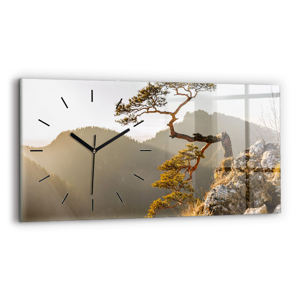 Horizontal wall clock A tree in the mountains