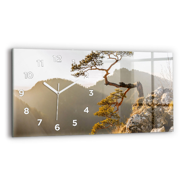 Horizontal wall clock A tree in the mountains
