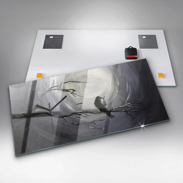 Horizontal wall clock Raven in the moonlight